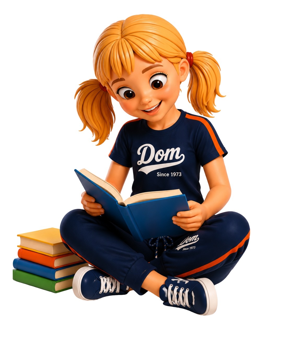 Mascote Dom Bosco &bull; Aquarelinha representando Vida, lendo um livro cercada de livros coloridos